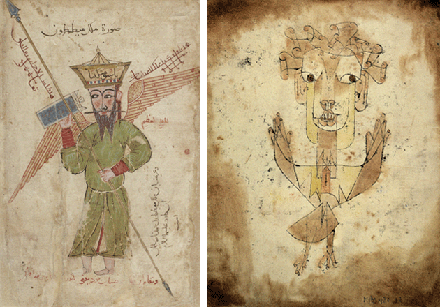 CAPTION: Islamic portrayal of the angel Metatron (Arabic: ميططرون) depicted in the Daqa’iq al-Haqa’iq (دقائق الحقایق "Degrees of Truths") by Nasir ad-Din Rammal in the 14th century CE. Bibliotheque Nationale de France, Paris  CAPTION: Paul Klee, Angelus Novus, 1920, The Israel Museum, Jerusalem, © Israel Museum, Jerusalem / Gift of Fania and Gershom Scholem, Jerusalem; John Herring, Marlene and Paul Herring, Jo Carole and Ronald Lauder, New York / Bridgeman Images